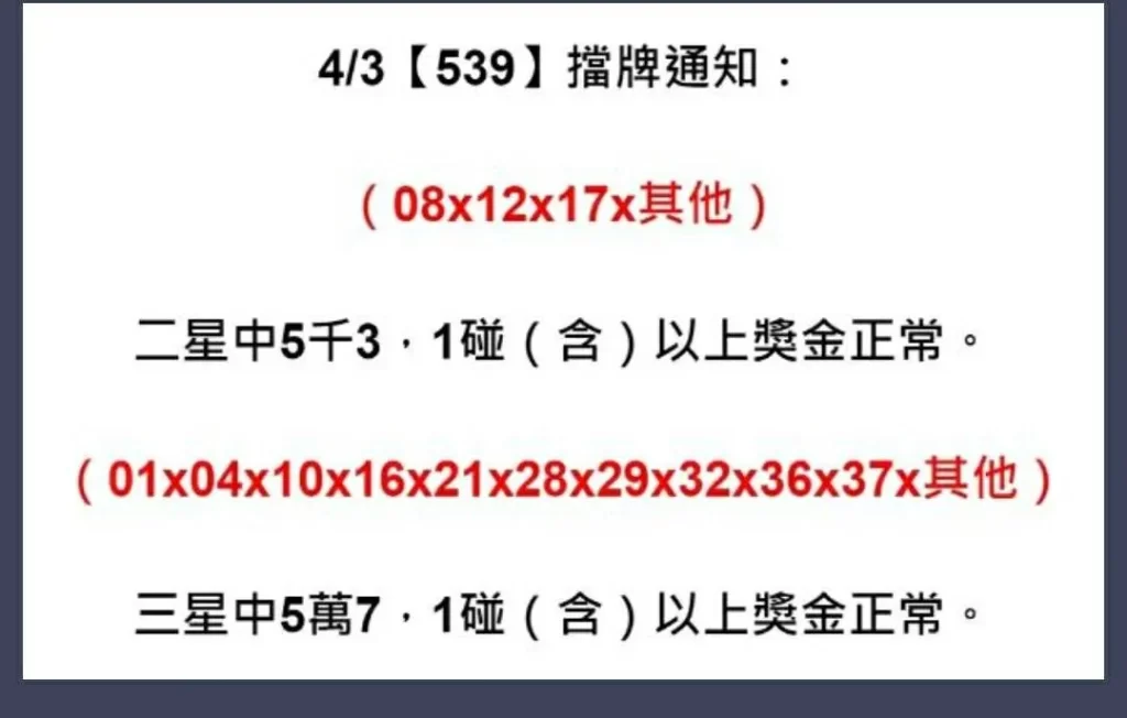 今日檔牌單是否有開出，也可以參考本周開出擋牌單的機率高不高再去買明日的擋牌號碼,而檔牌單的號碼也代表今日買的人多，只要這周組頭的檔牌號碼經常開出，擋牌單就相對地具有參考的意義，直接從擋牌單裡面合牌的話中獎機率也會高出很多。