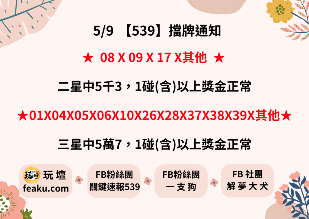 每周一到周六的開獎日，會有各大社團、軟體流傳檔牌單，那麼擋牌單是什麼? 擋牌單內號碼代表某些中獎號碼太過熱門，吸引大多數539彩迷的投注，雖然說擋牌單號碼不一定會開，但是開獎機率也不低，所以很多採民利用會擋牌資訊來合排訣竅之一，快來看看看看今天擋甚麼號碼。