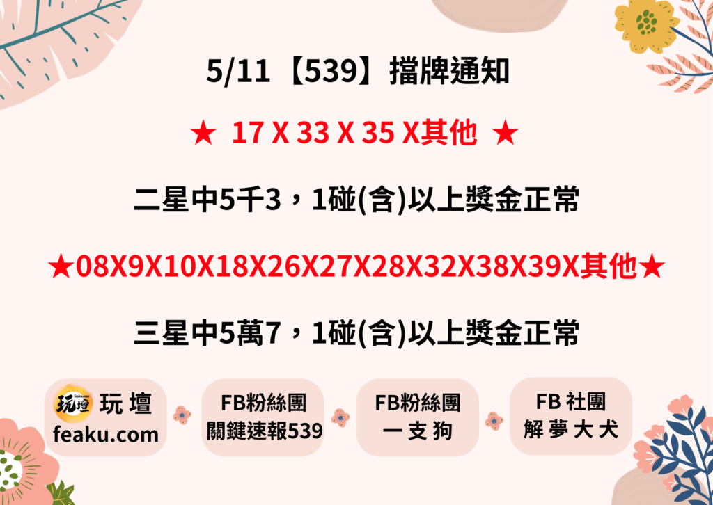 今彩539擋牌單每天都會有，簡單來說只要當天有開539就會有擋牌單的出現，每天擋牌的號碼都會不一樣，主要還是看大多數彩迷簽的號碼是什麼擋牌就容易出現，小編遇過一個彩迷的簽牌方式就是簽昨天的擋牌單，只要昨天擋牌號碼沒開出就會把號碼拿來簽今日的539，這也許也是另類的一種方法。